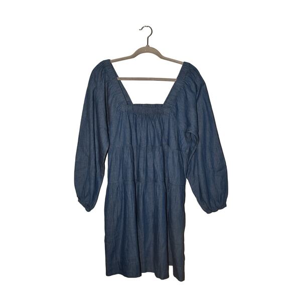 LUXOLOGY NEW $99 Blue Chambray Peasant Dress Puff Sleeve Square Neck Medium - Picture 1 of 3